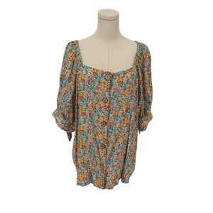 Lauren Conrad Floral Square Neck Puff Sleeve Button Front Top Women's XXL